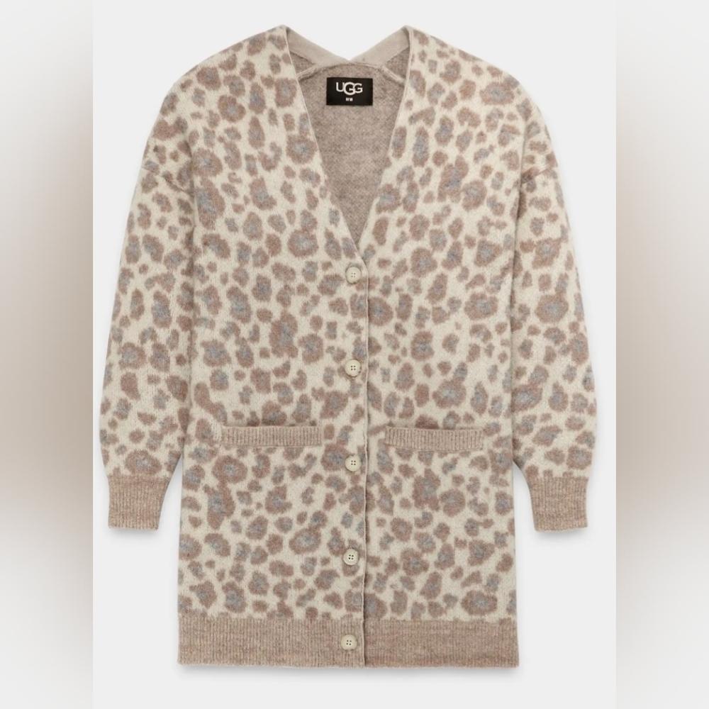 NWOT UGG Tomara Oversized Cardigan Sweater Cream Alpaca Wool Blend Leopard Print